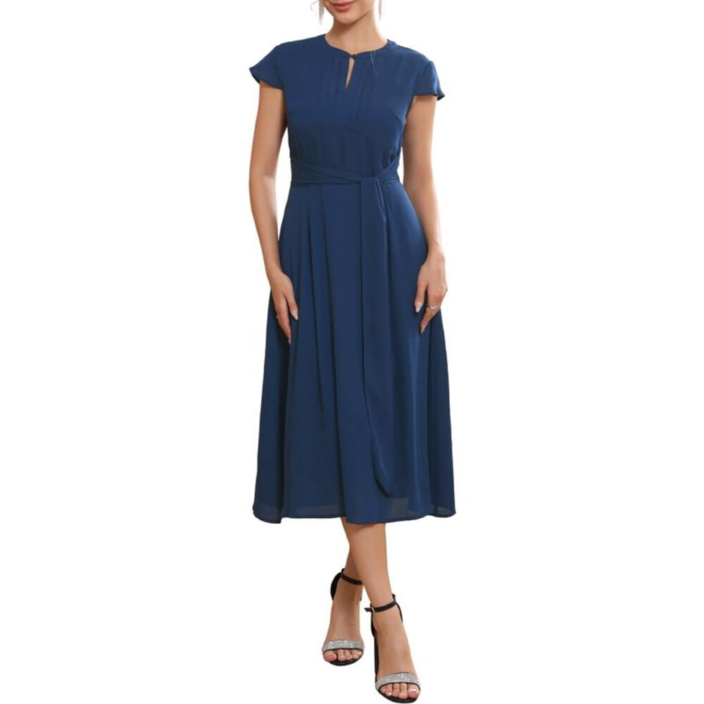 Women's Chiffon Cocktail Dress Tie Waist Formal Wedding Guest Dress Dark Blue
